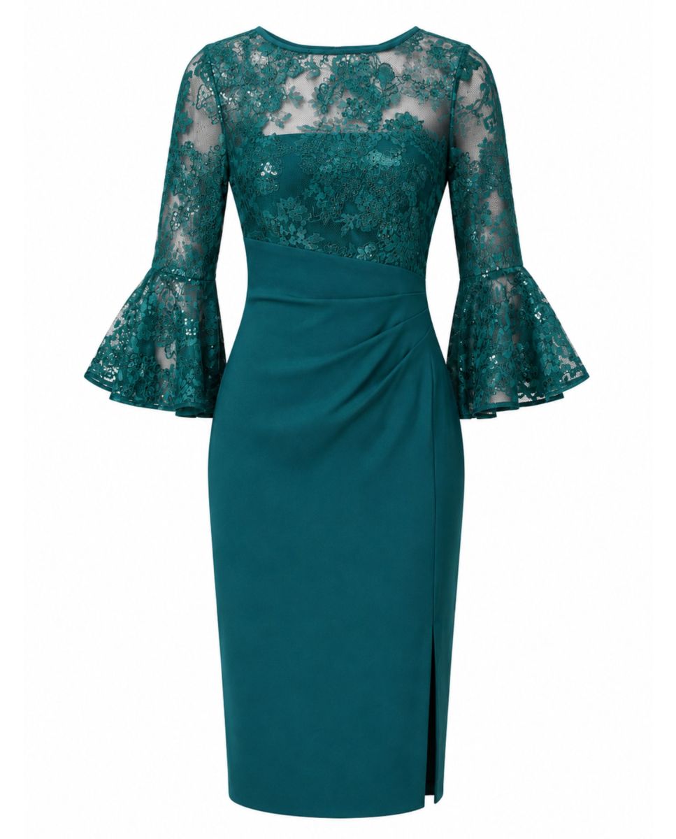 Vestido midi con encaje, abertura y mangas acampanadas - Adrianna Papell - Verde Verde-5