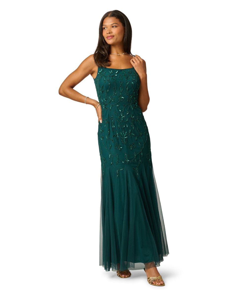 Vestido largo con pedrería bordada y falda sirena - Adrianna Papell - Verde Verde-3