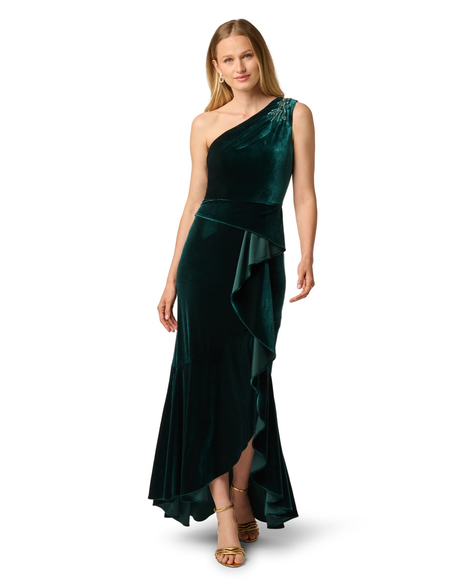 Vestido largo con escote asimétrico, volante y pedrería - Adrianna Papell - Verde Verde-1