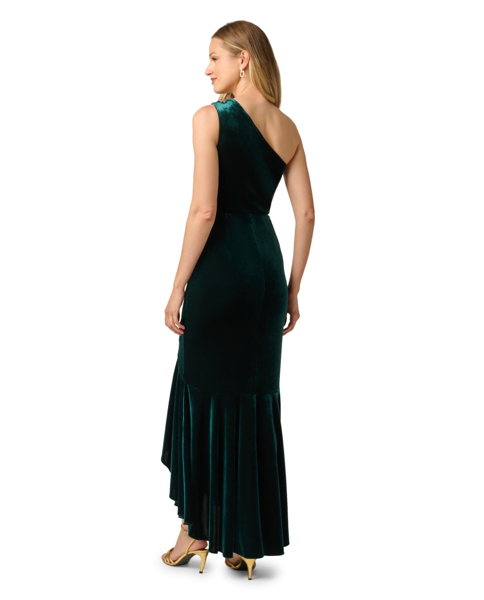 Vestido largo con escote asimétrico, volante y pedrería - Adrianna Papell - Verde Verde-2