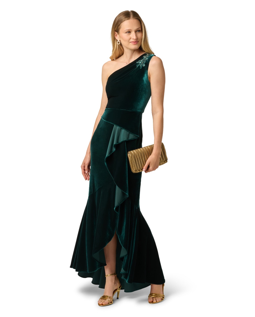 Vestido largo con escote asimétrico, volante y pedrería - Adrianna Papell - Verde Verde-3