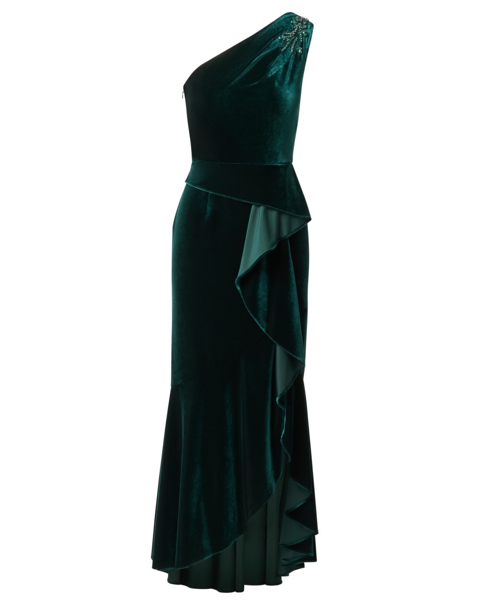 Vestido largo con escote asimétrico, volante y pedrería - Adrianna Papell - Verde Verde-4