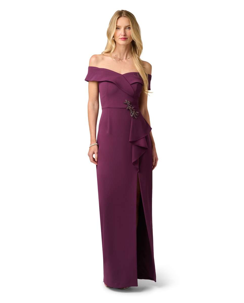 Vestido largo con escote bardot y volante - Adrianna Papell - Morado Morado-1