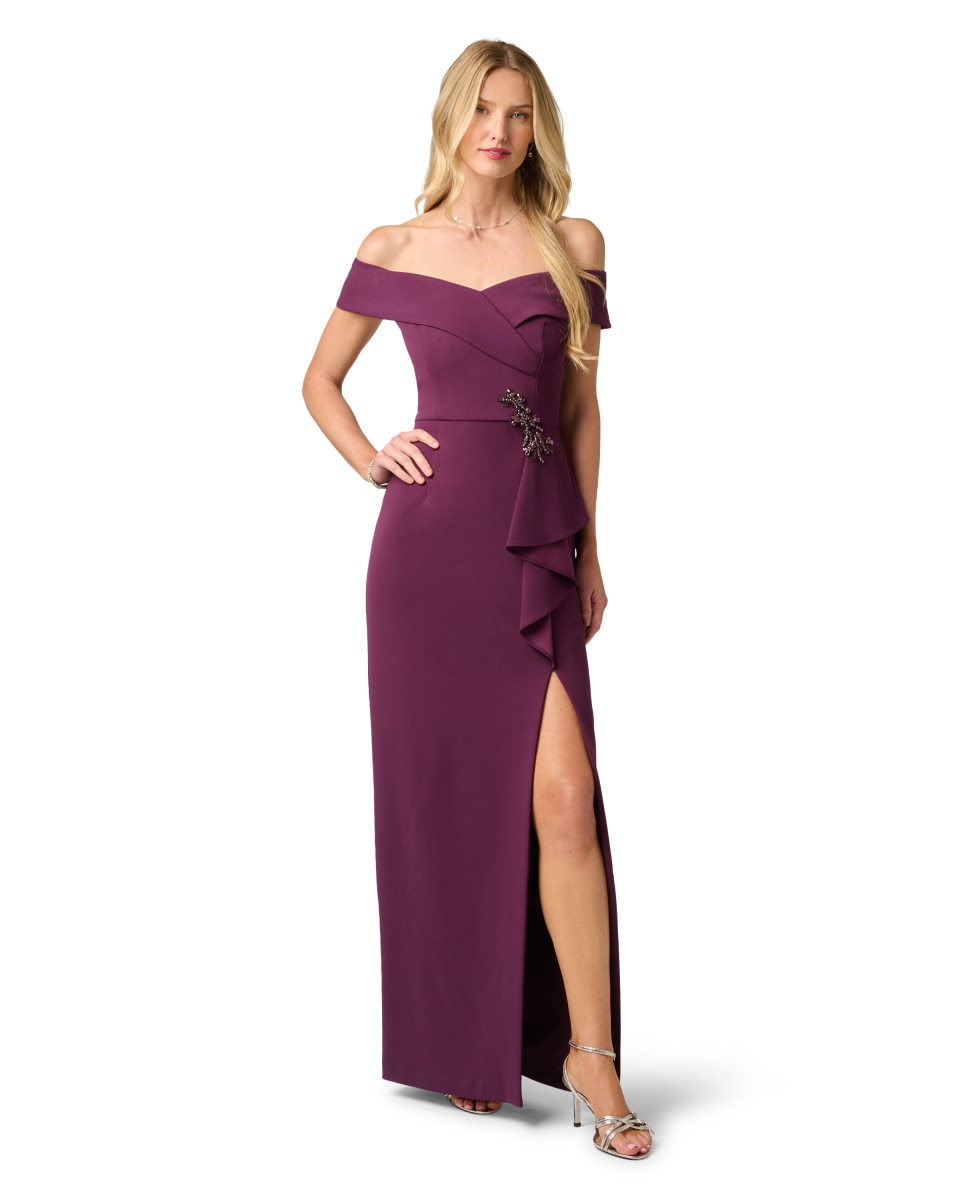 Vestido largo con escote bardot y volante - Adrianna Papell - Morado Morado-3