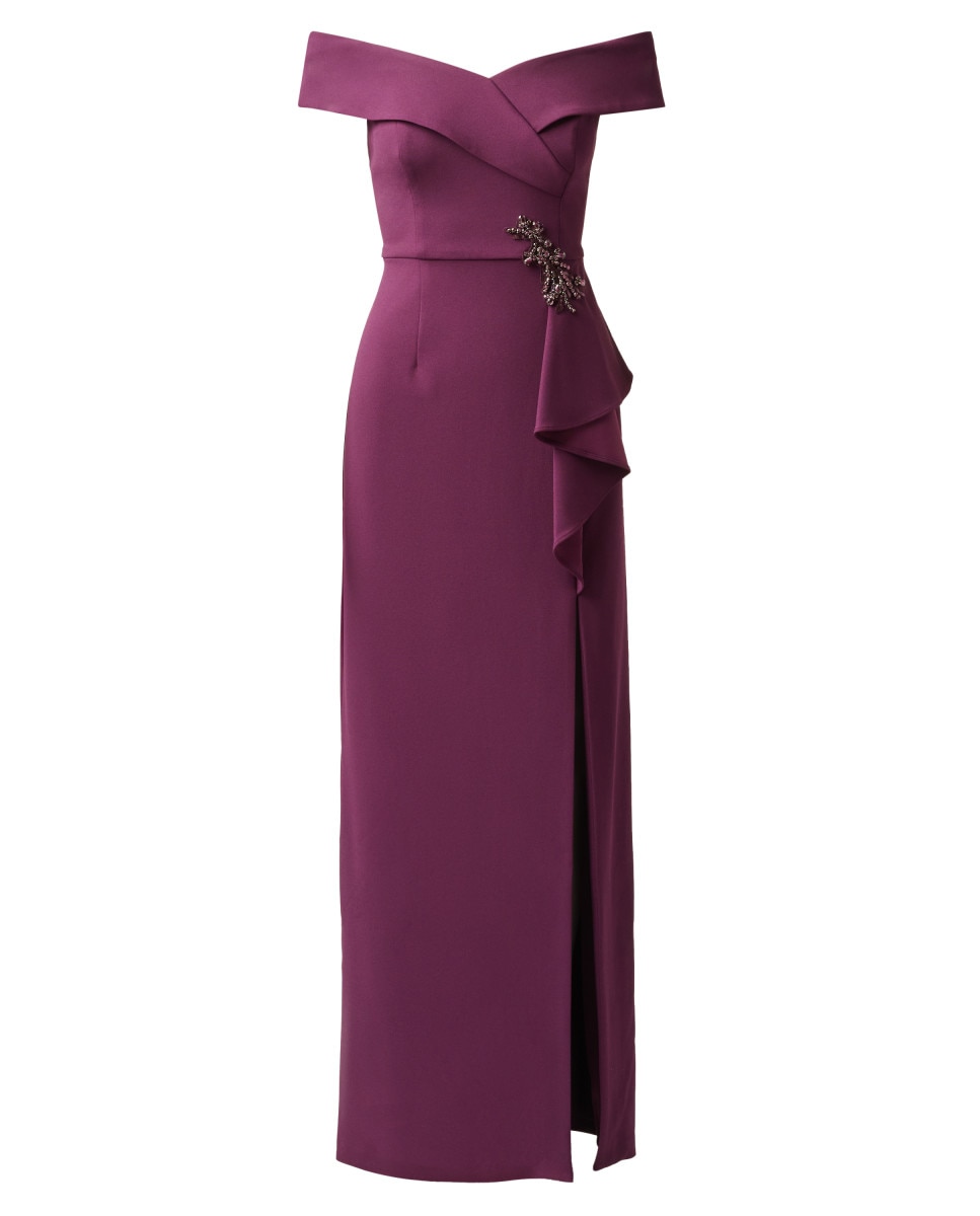 Vestido largo con escote bardot y volante - Adrianna Papell - Morado Morado-5