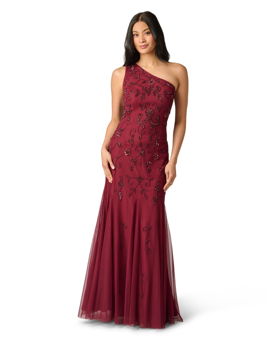 Vestido largo con bordado floral y vuelo - Adrianna Papell - Rojo Rojo-1