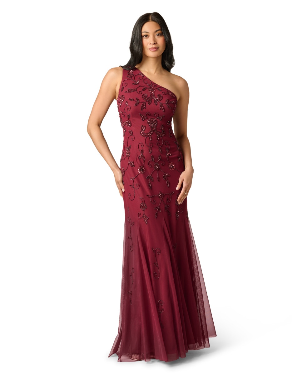 Vestido largo con bordado floral y vuelo - Adrianna Papell - Rojo Rojo-3