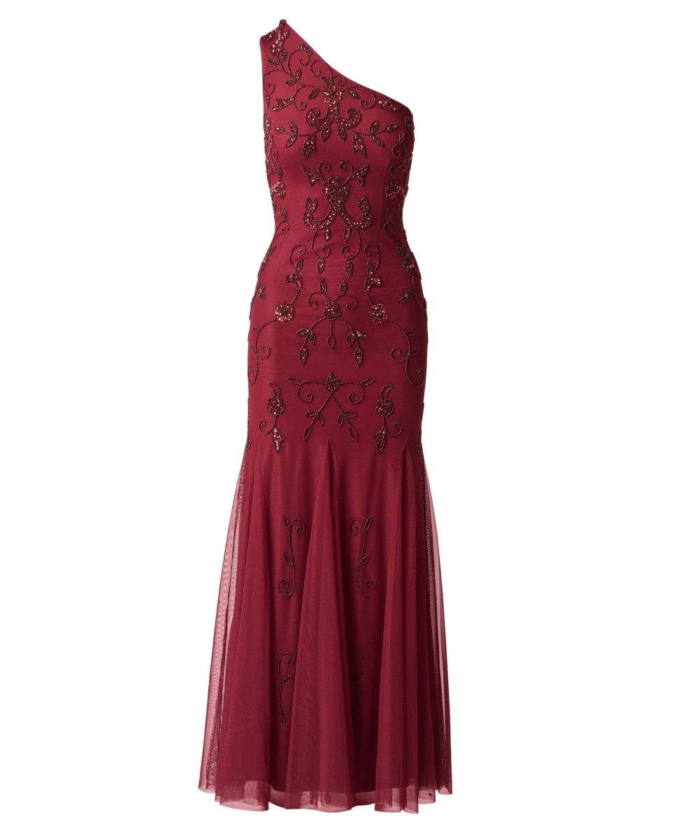Vestido largo con bordado floral y vuelo - Adrianna Papell - Rojo Rojo-5