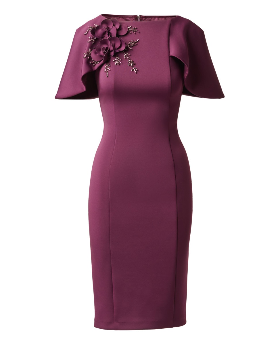 Vestido midi con capa, aplique floral y corte recto - Adrianna Papell - Morado Morado-5