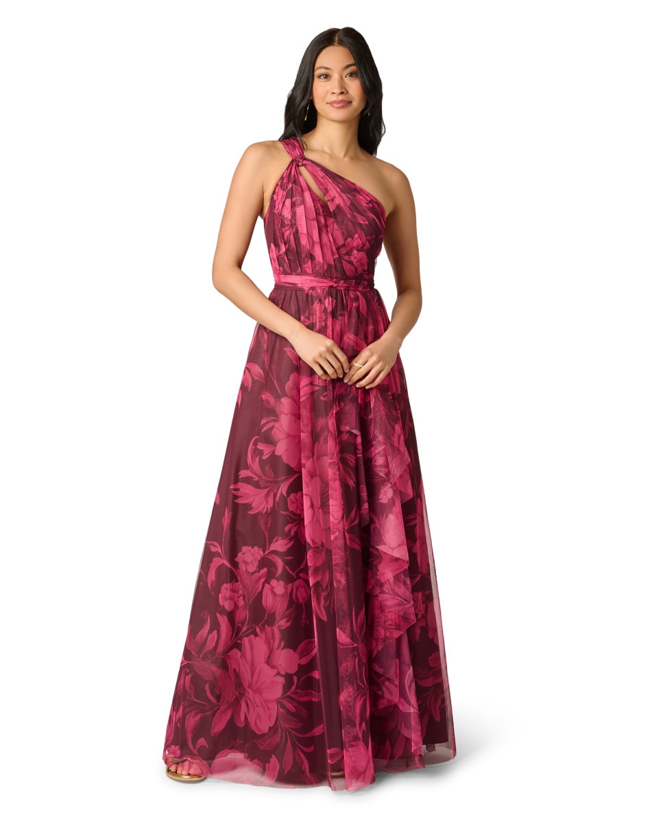 Vestido largo con escote asimétrico, estampado floral y tul - Adrianna Papell - Rojo Rojo-1