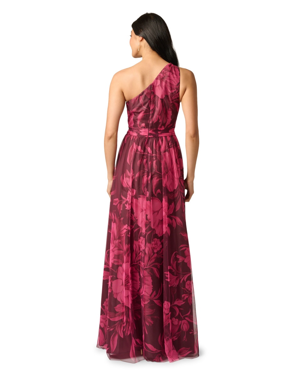 Vestido largo con escote asimétrico, estampado floral y tul - Adrianna Papell - Rojo Rojo-2