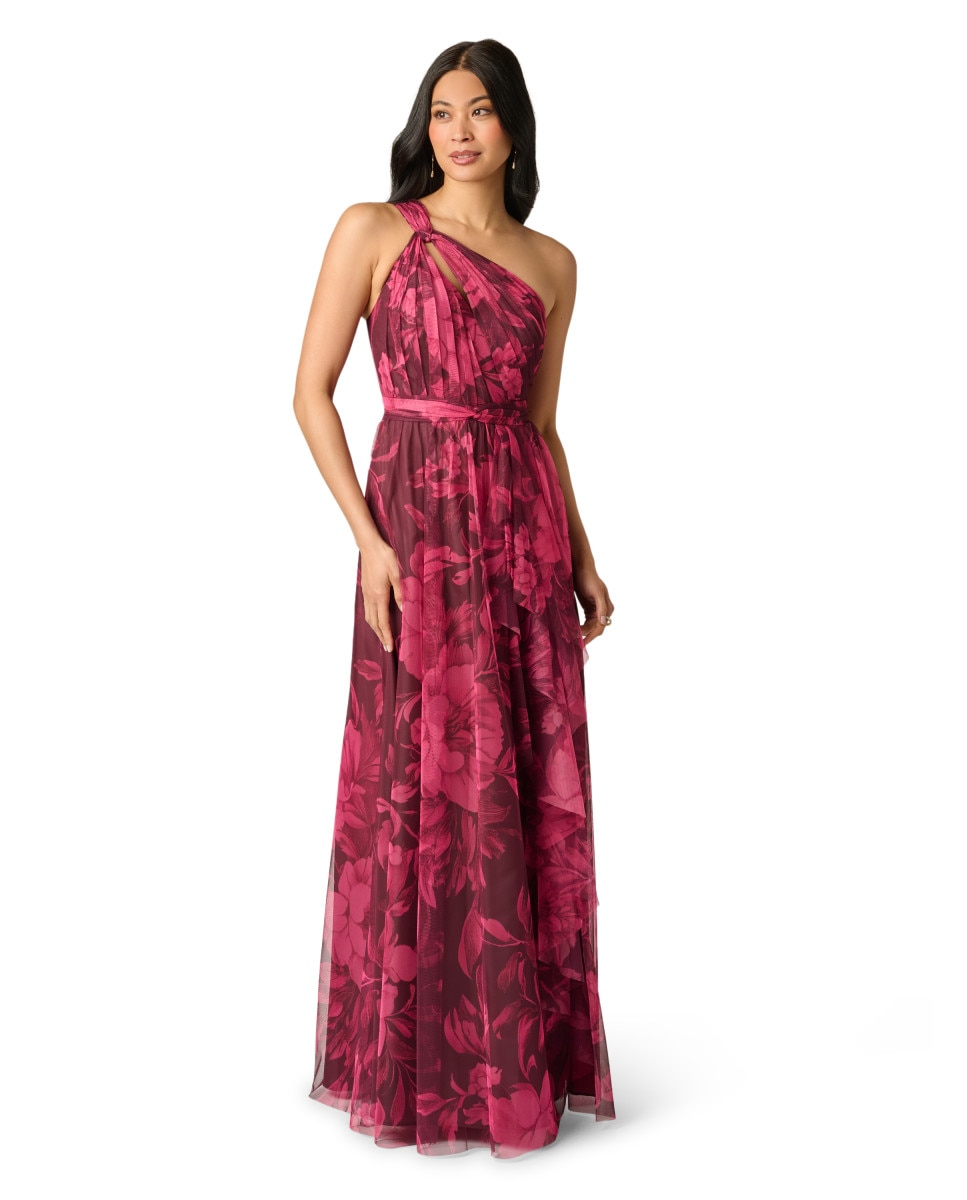 Vestido largo con escote asimétrico, estampado floral y tul - Adrianna Papell - Rojo Rojo-3