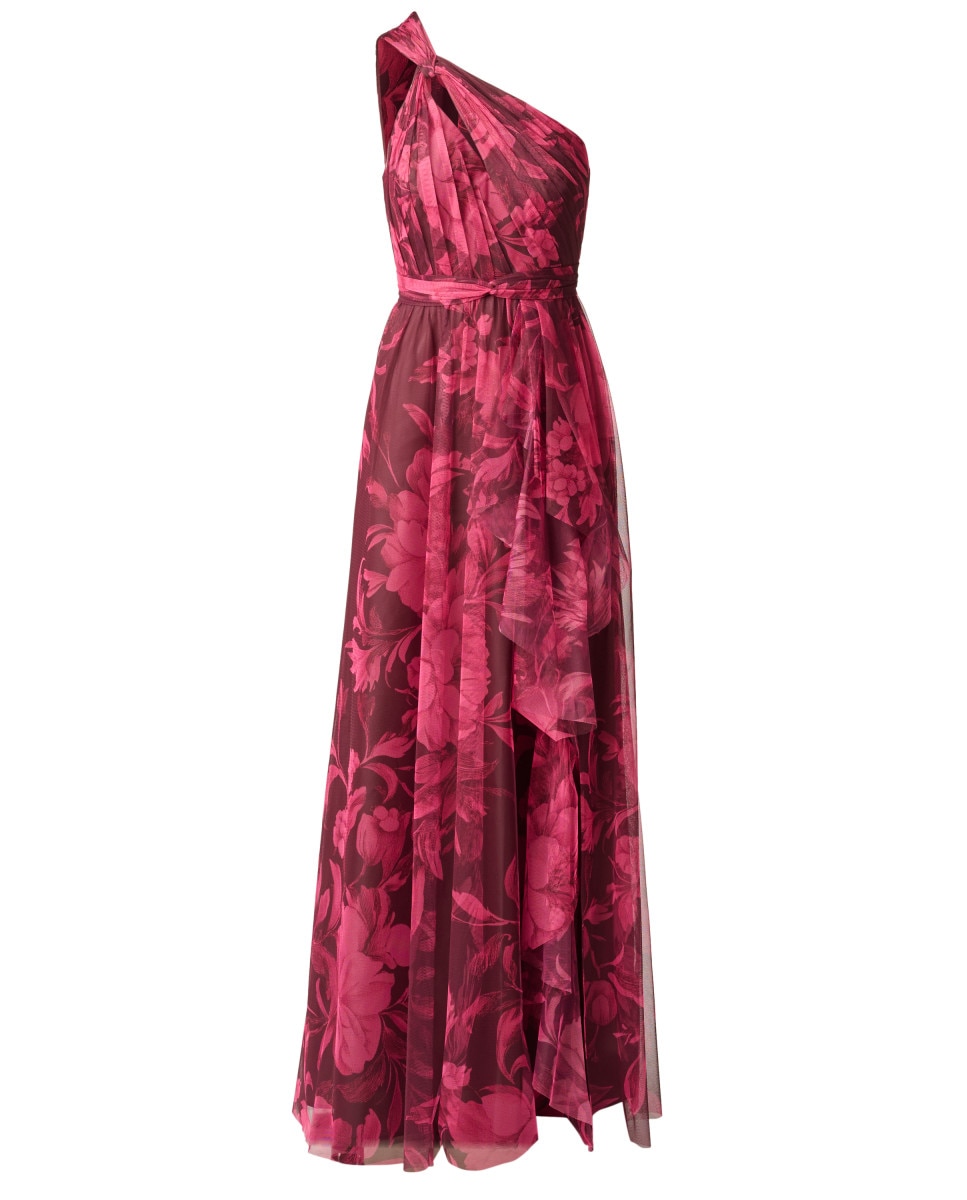 Vestido largo con escote asimétrico, estampado floral y tul - Adrianna Papell - Rojo Rojo-5