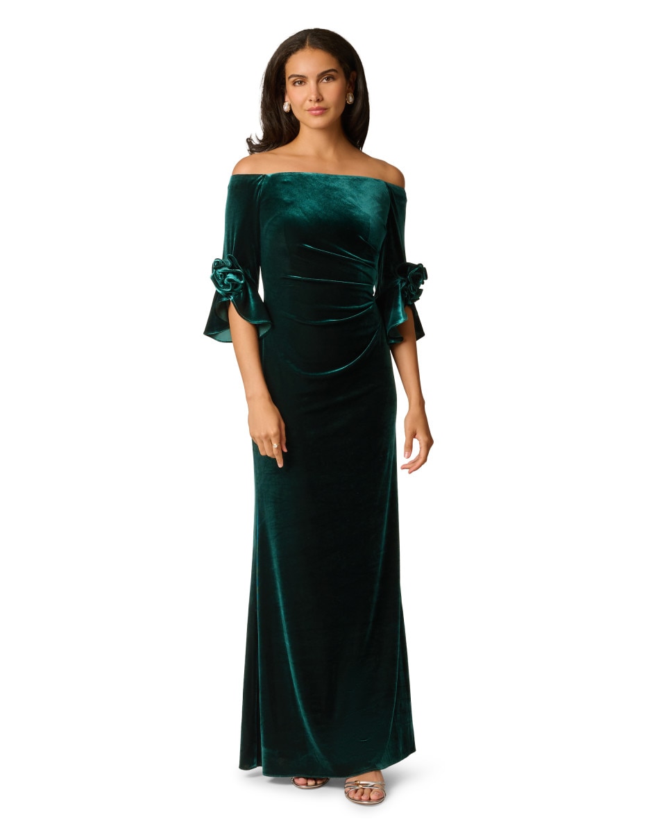 Vestido largo con escote bardot, terciopelo y volantes - Adrianna Papell - Verde Verde-1
