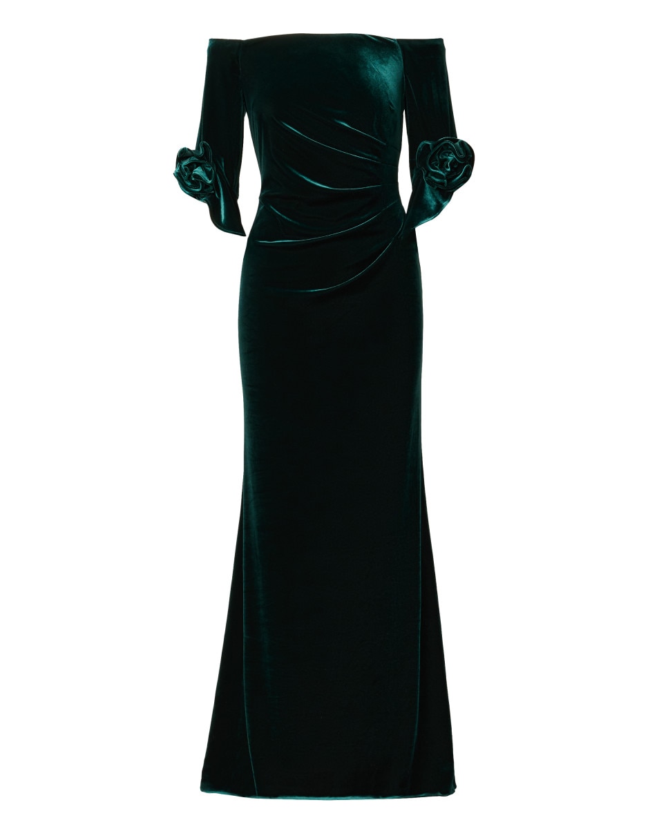 Vestido largo con escote bardot, terciopelo y volantes - Adrianna Papell - Verde Verde-4