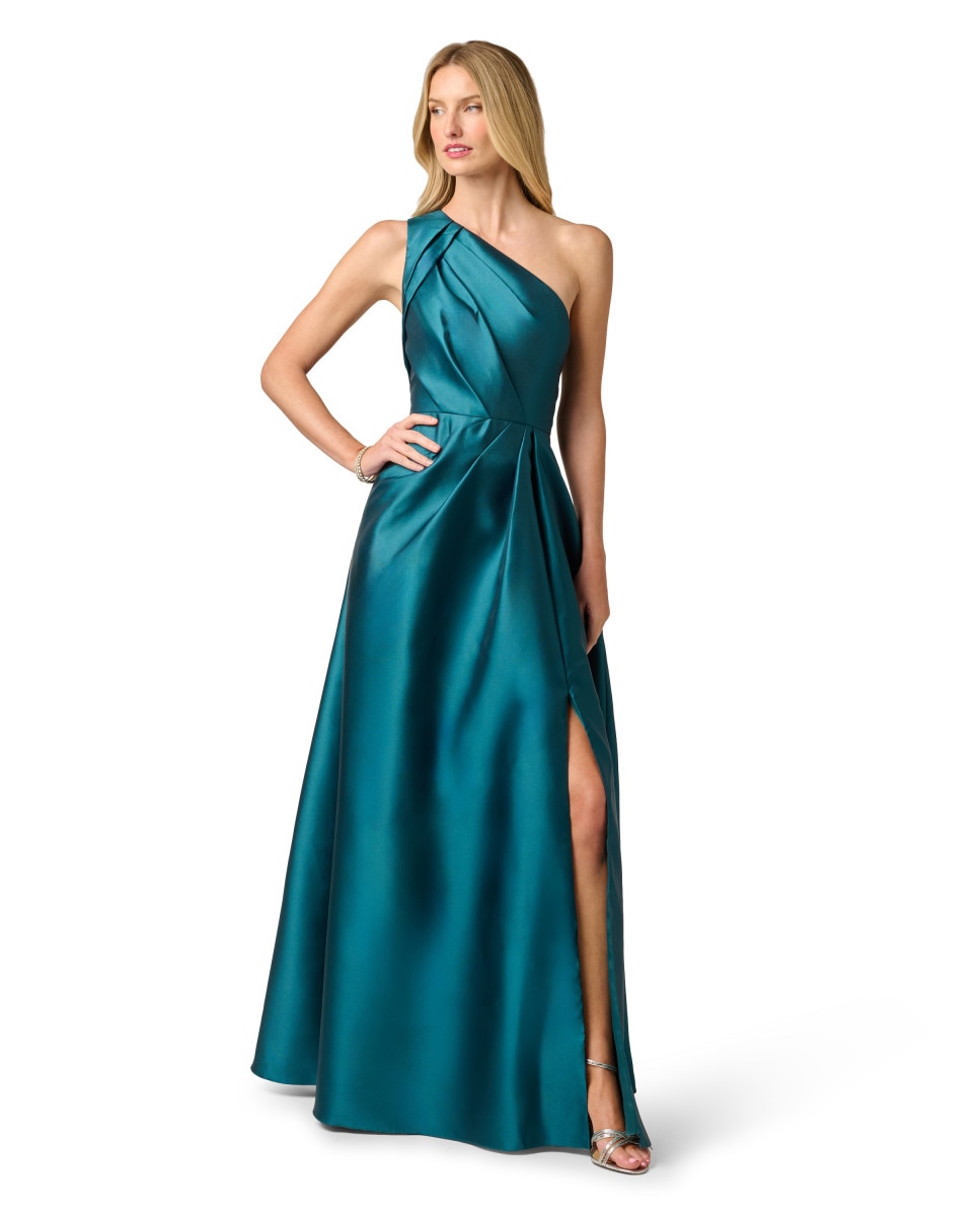 Vestido largo con escote asimétrico, pliegues y abertura - Adrianna Papell - Verde Verde-1