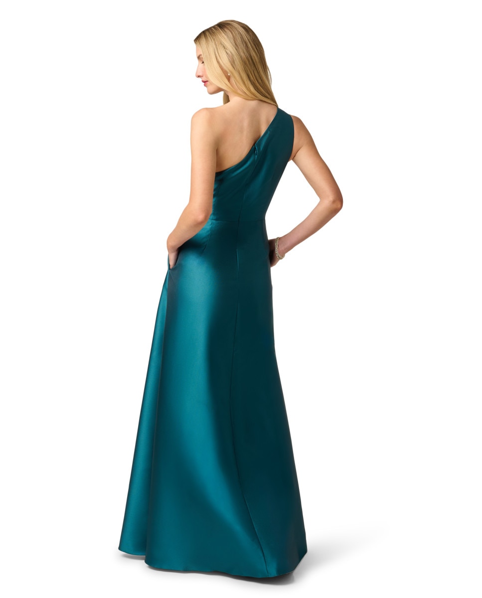 Vestido largo con escote asimétrico, pliegues y abertura - Adrianna Papell - Verde Verde-2