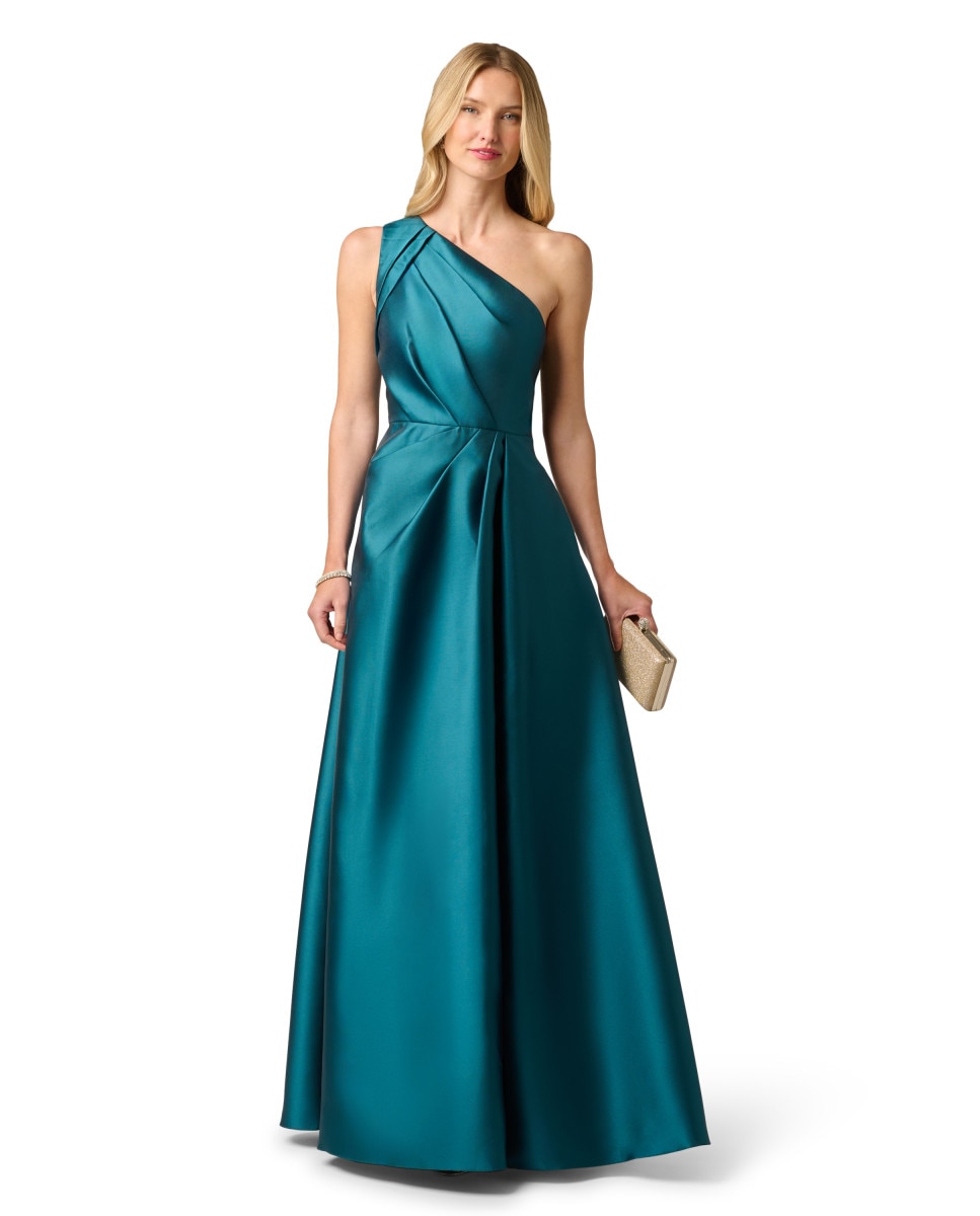 Vestido largo con escote asimétrico, pliegues y abertura - Adrianna Papell - Verde Verde-3