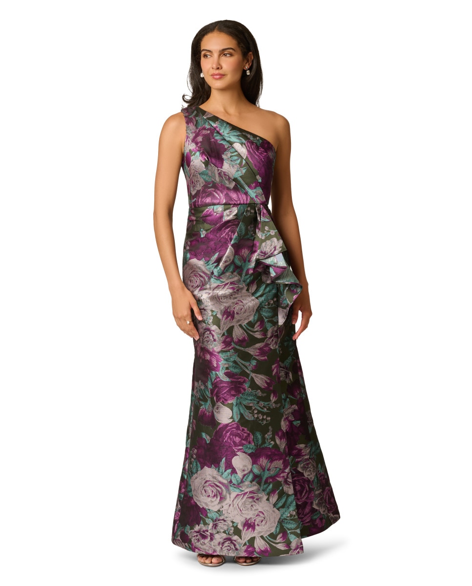 Vestido largo con escote asimétrico y volante - Adrianna Papell - Multicolor Multicolor-1