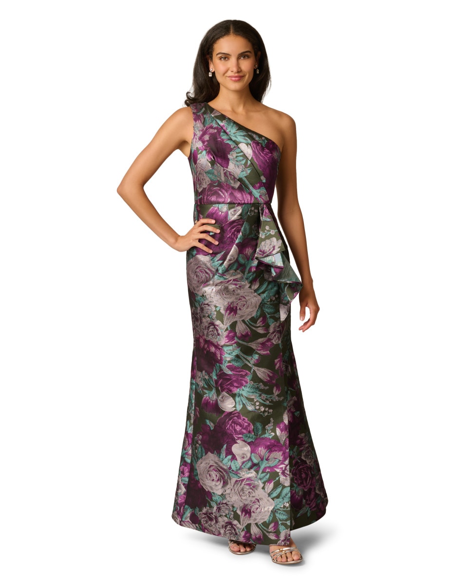 Vestido largo con escote asimétrico y volante - Adrianna Papell - Multicolor Multicolor-3