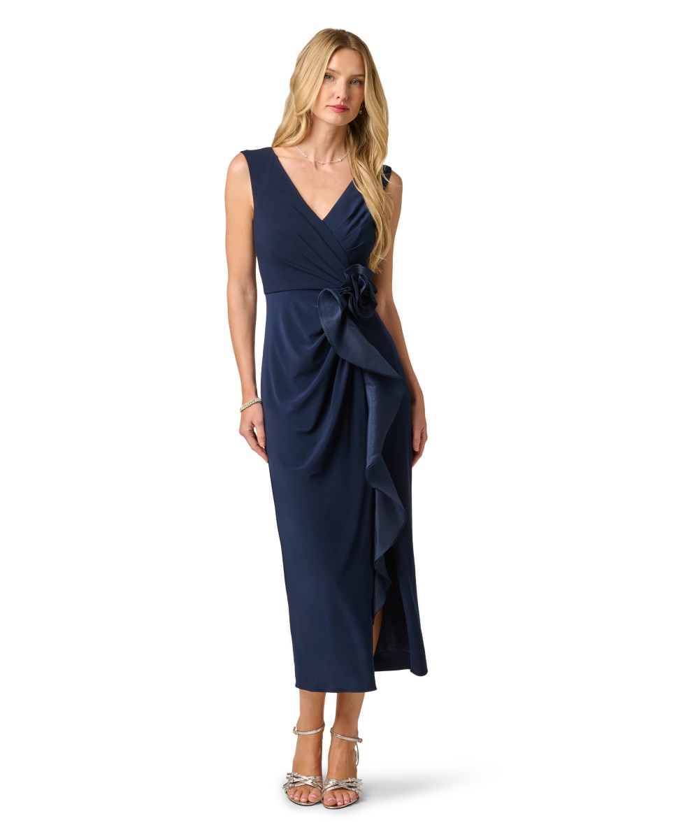 Vestido con escote pico y volante decorativo - Adrianna Papell - Azul Azul-1