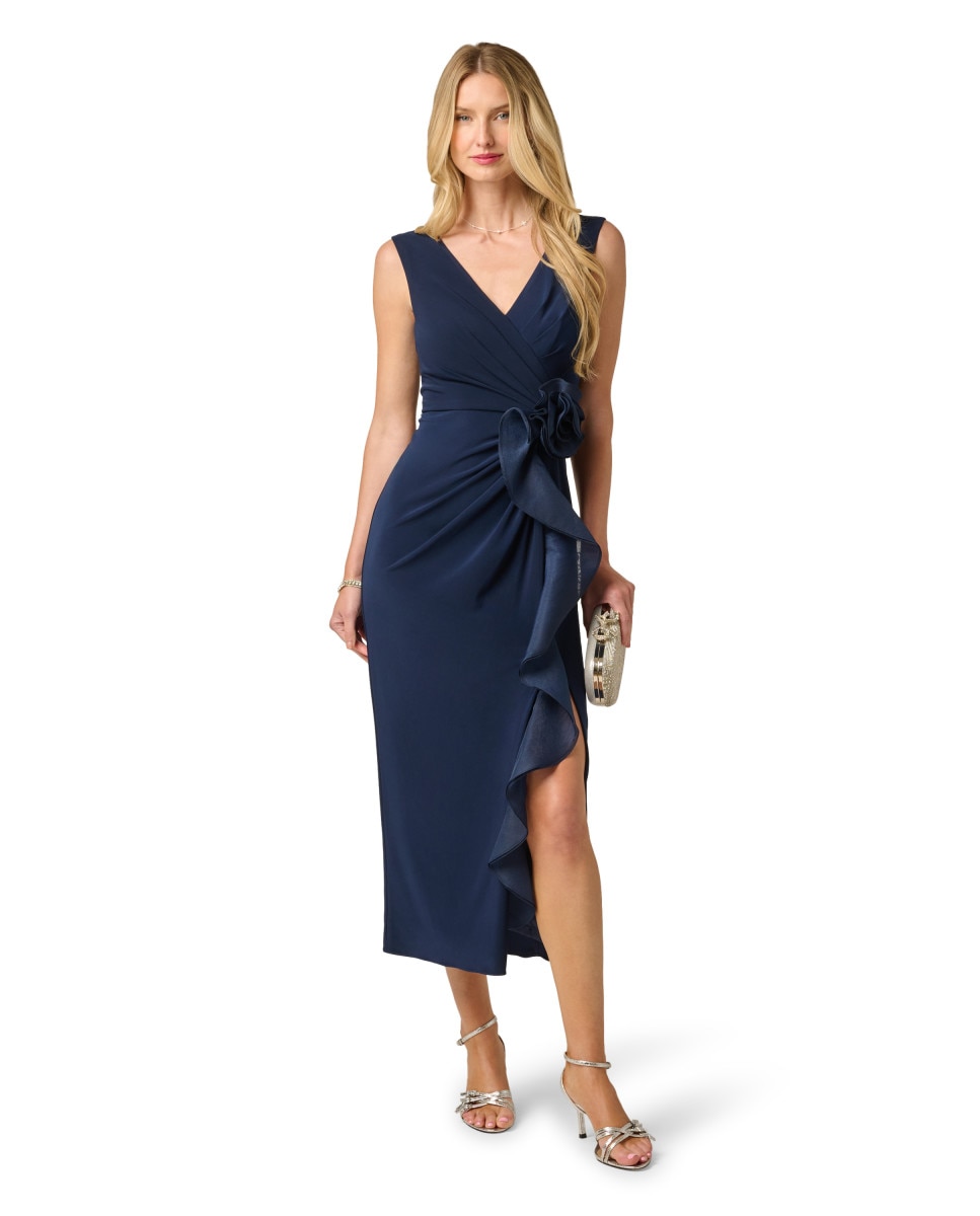 Vestido con escote pico y volante decorativo - Adrianna Papell - Azul Azul-3