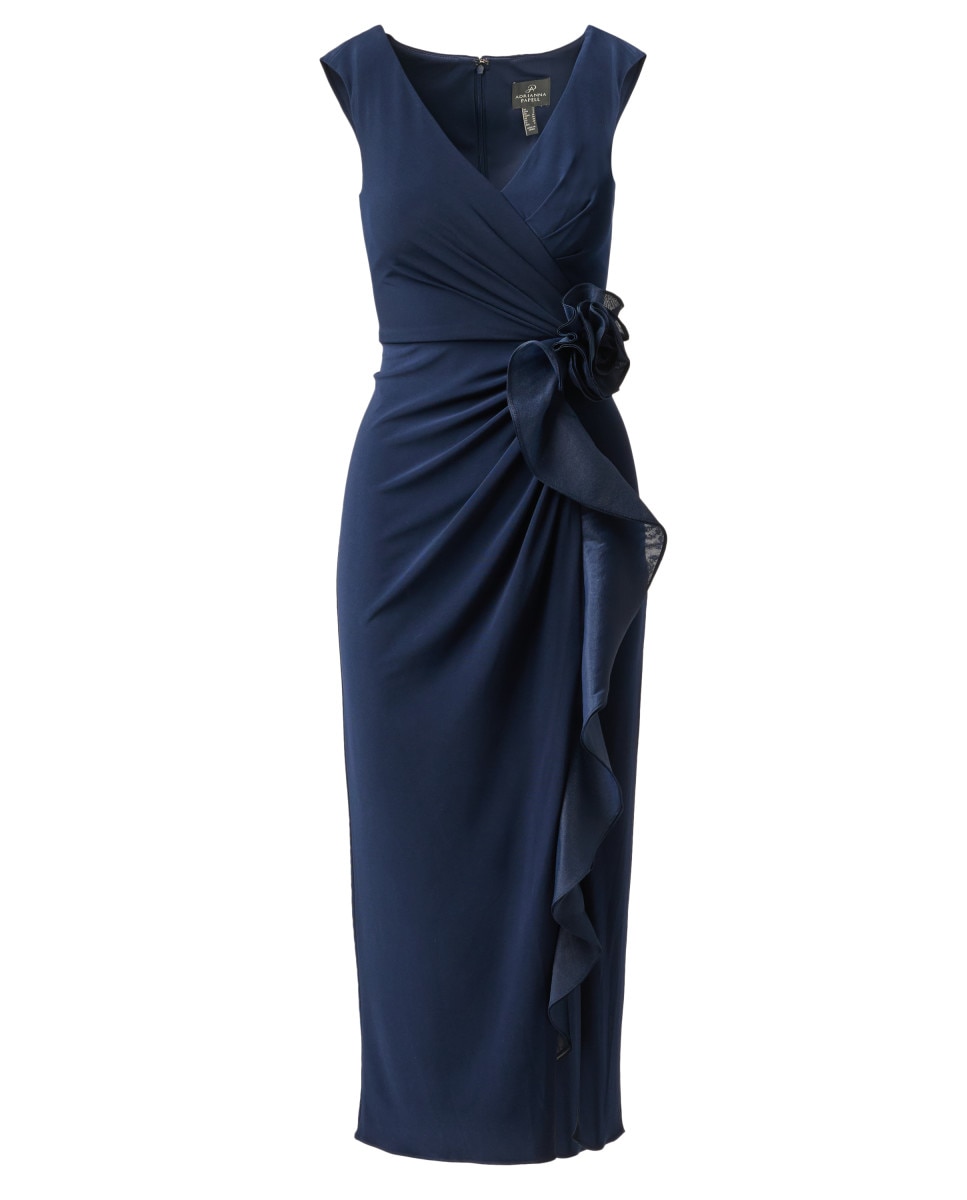 Vestido con escote pico y volante decorativo - Adrianna Papell - Azul Azul-4