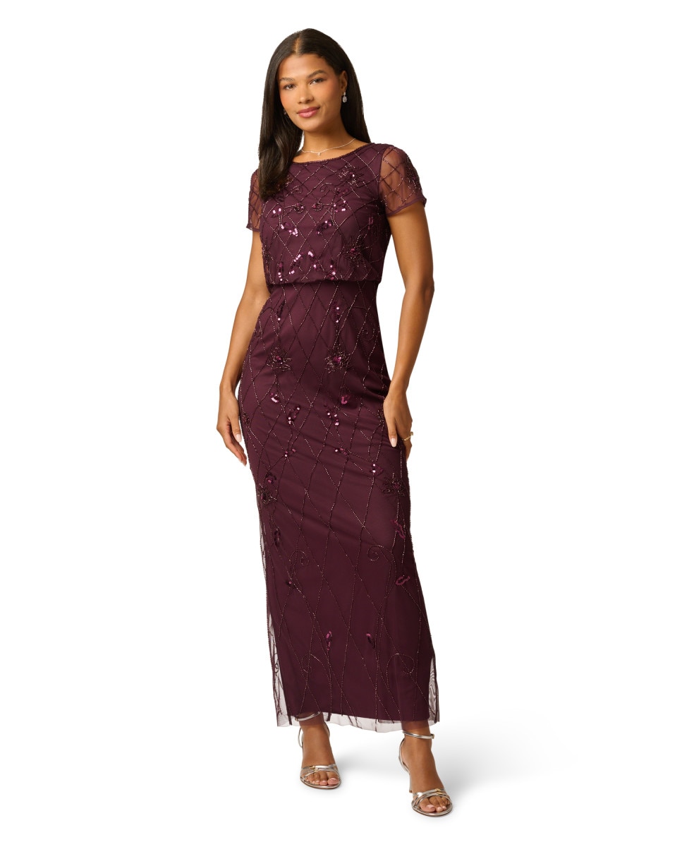 Vestido largo con tul y pedrería brillante - Adrianna Papell - Granate Granate-1