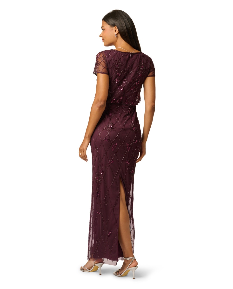 Vestido largo con tul y pedrería brillante - Adrianna Papell - Granate Granate-2