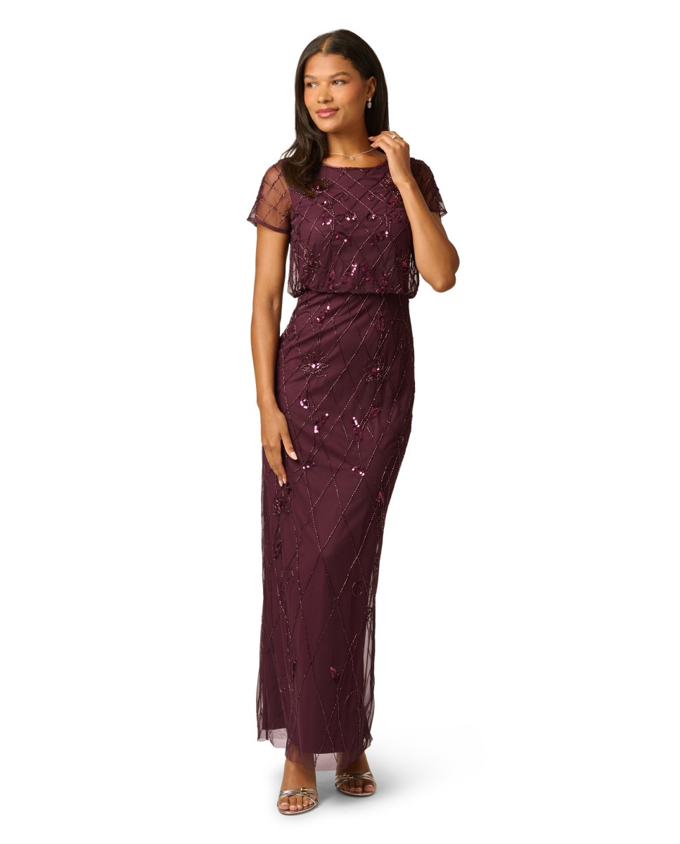 Vestido largo con tul y pedrería brillante - Adrianna Papell - Granate Granate-3