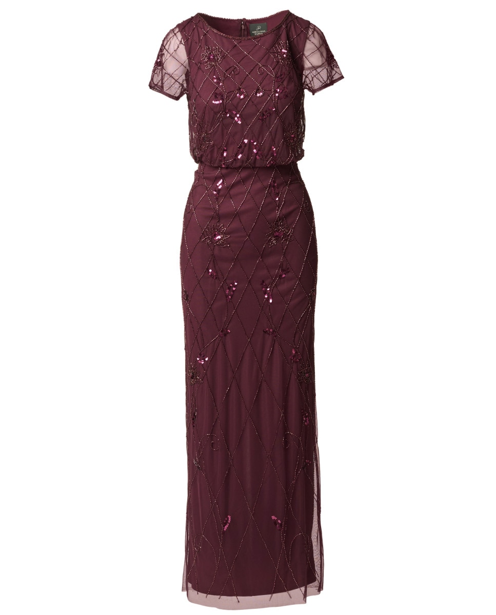 Vestido largo con tul y pedrería brillante - Adrianna Papell - Granate Granate-4