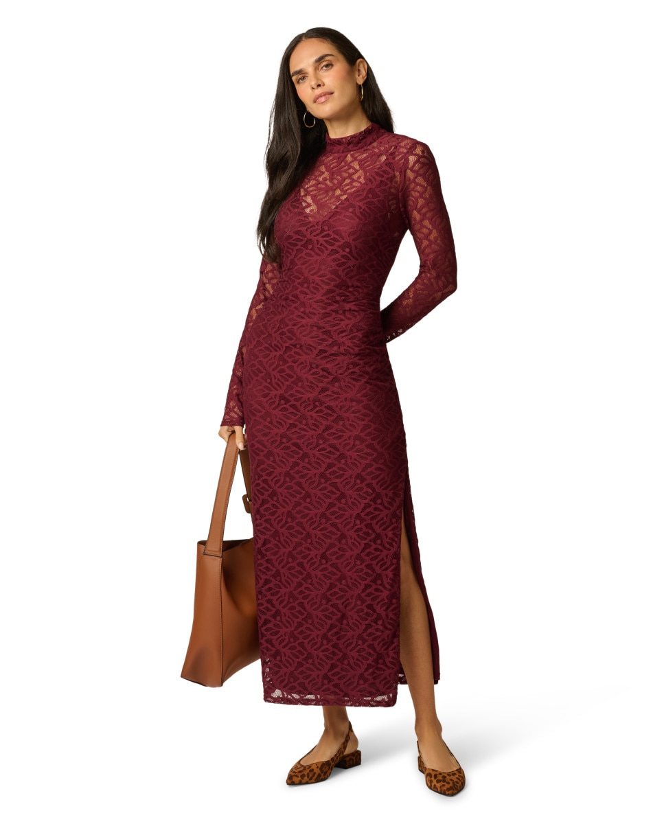 Vestido largo con encaje, cuello alto - Adrianna Papell - Rojo Rojo-3