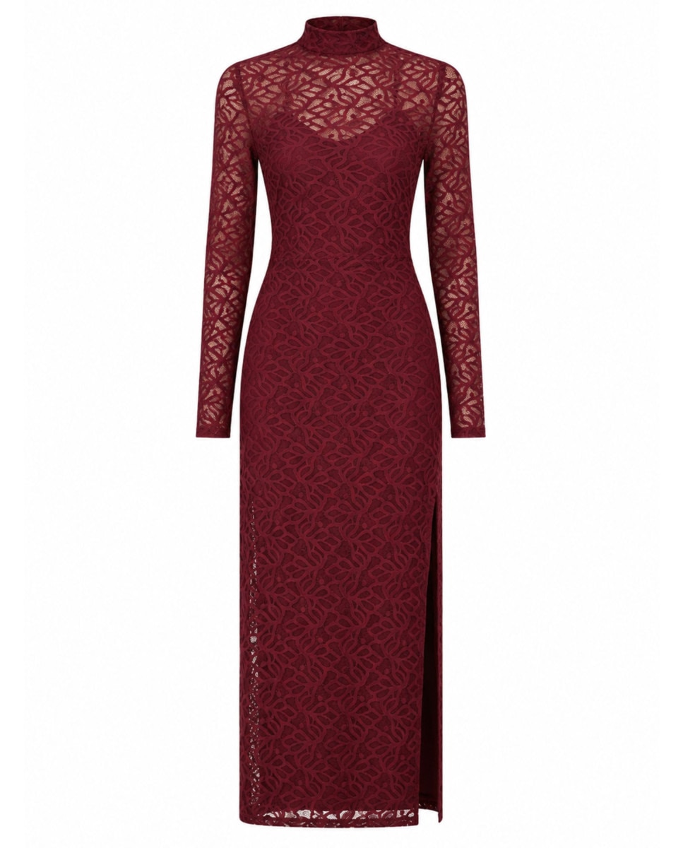 Vestido largo con encaje, cuello alto - Adrianna Papell - Rojo Rojo-5