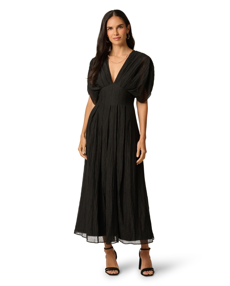Vestido largo plisado con escote en v - Adrianna Papell - Negro Negro-1