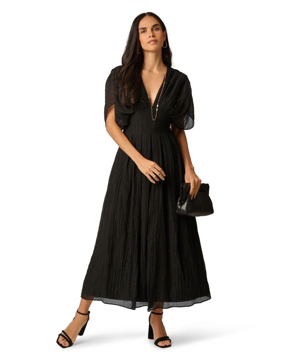 Vestido largo plisado con escote en v - Adrianna Papell - Negro Negro-3