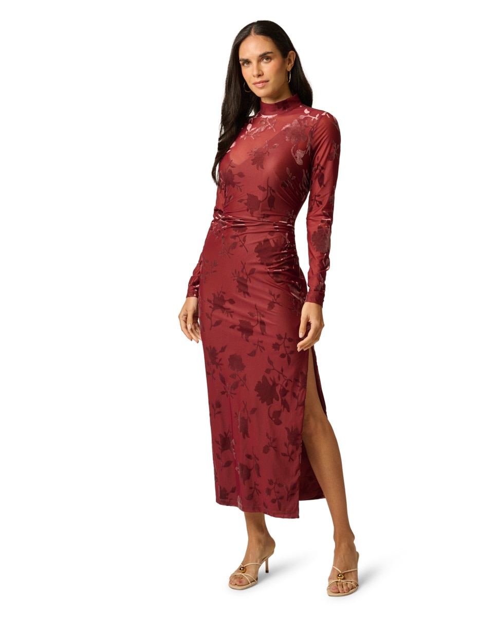 Vestido midi con cuello alto y fruncido - Adrianna Papell - Marrón Marrón-1