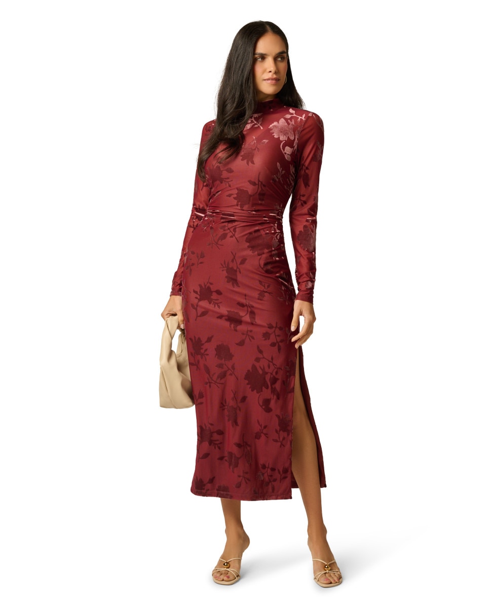 Vestido midi con cuello alto y fruncido - Adrianna Papell - Marrón Marrón-3