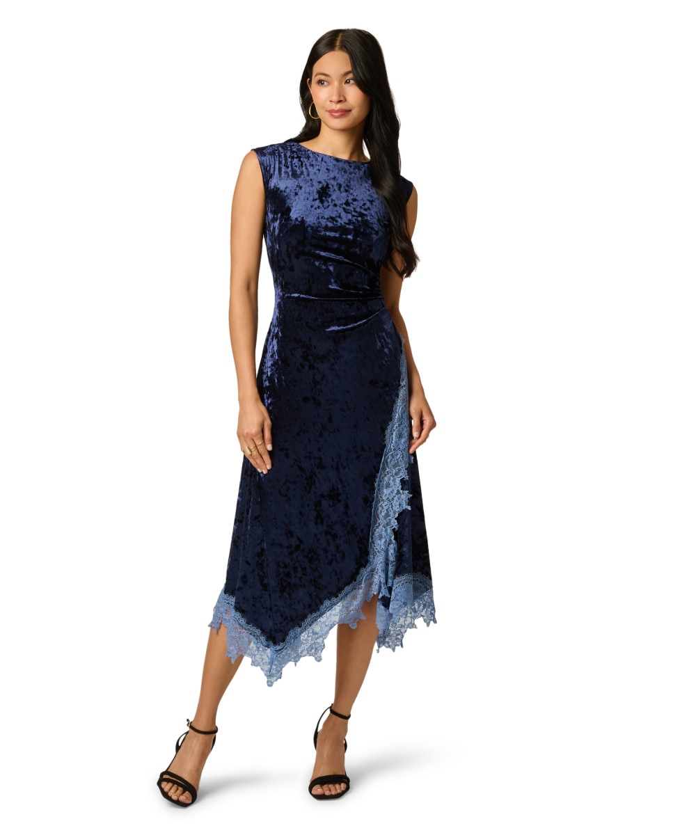 Vestido de terciopelo con detalles de encaje - Adrianna Papell - Azul Azul-1