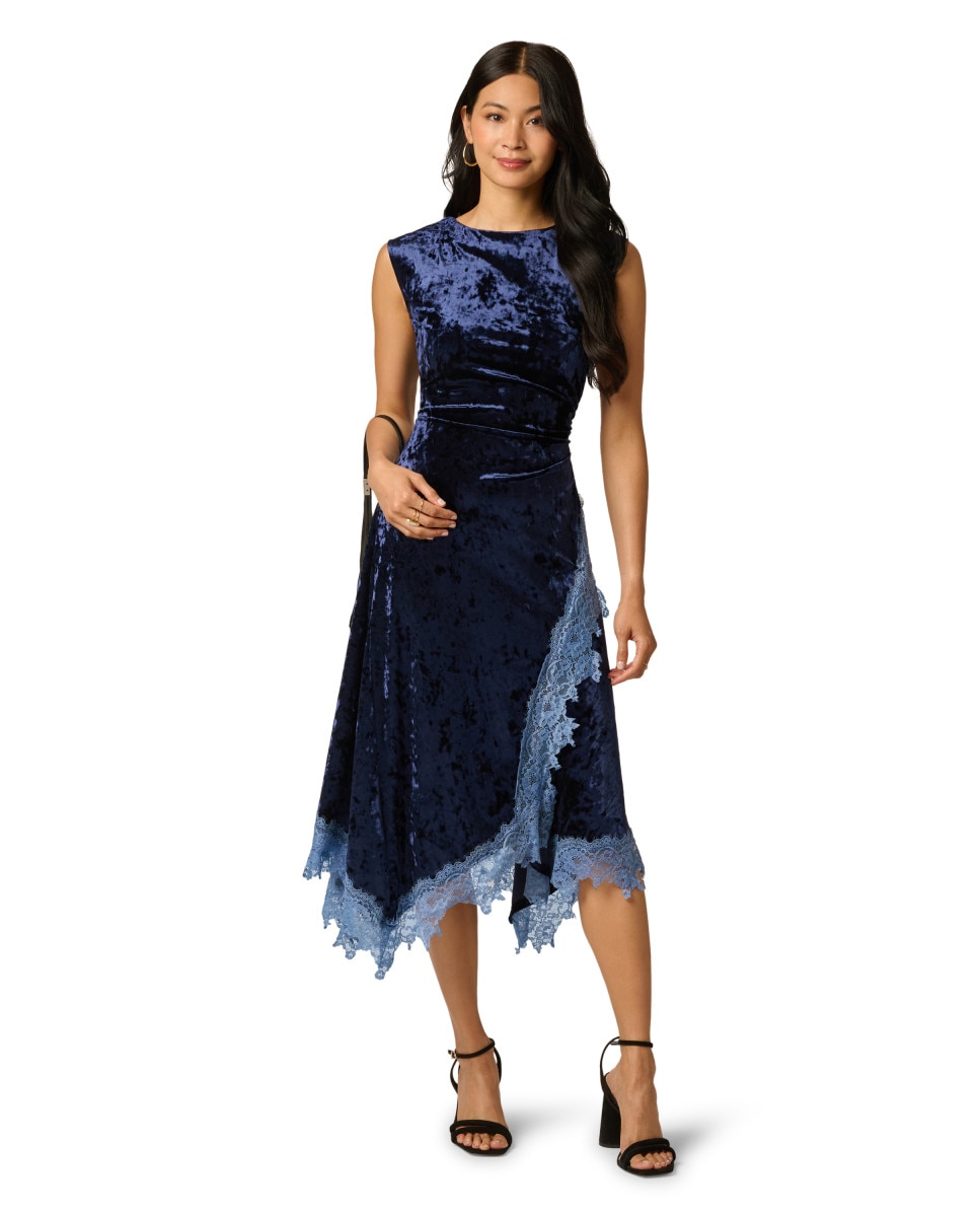 Vestido de terciopelo con detalles de encaje - Adrianna Papell - Azul Azul-3
