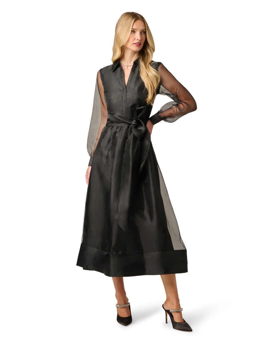Vestido midi con mangas transparentes y lazada - Adrianna Papell - Negro Negro-1