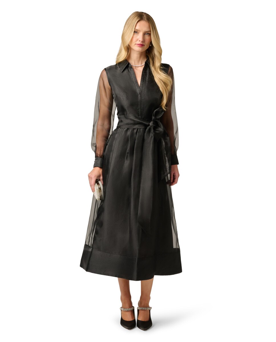 Vestido midi con mangas transparentes y lazada - Adrianna Papell - Negro Negro-4