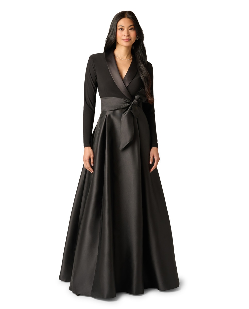 Vestido largo con escote cruzado, lazada y falda amplia - Adrianna Papell - Negro Negro-1