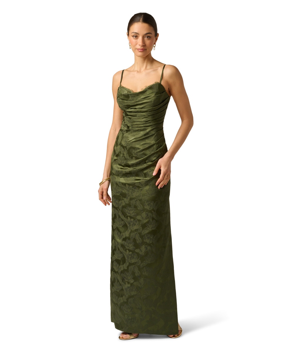 Imagen 0 de Vestido columna drapeado con tirantes Verde