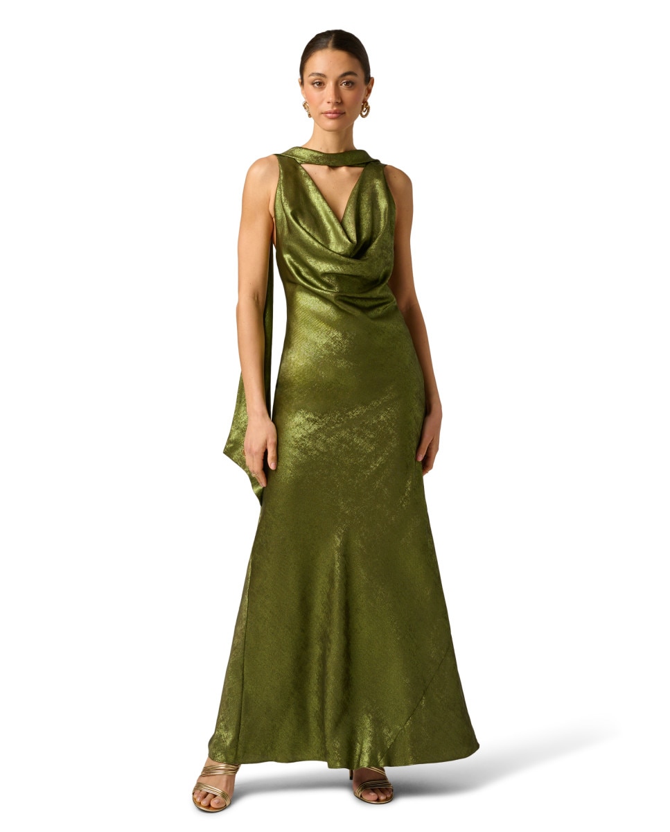 Imagen 0 de Vestido efecto metalizado con escote drapeado Verde