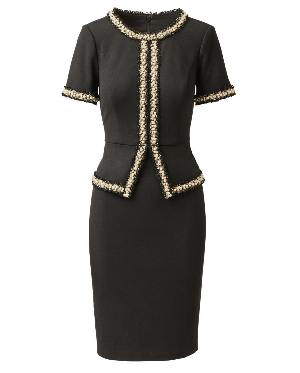 Vestido midi con ribete trenzado, manga corta y corte recto - Adrianna Papell - Negro Negro-5