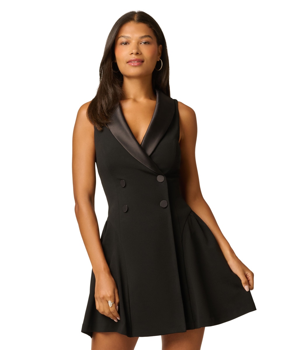 Vestido corto con escote chal y botones dobles - Adrianna Papell - Negro Negro-1