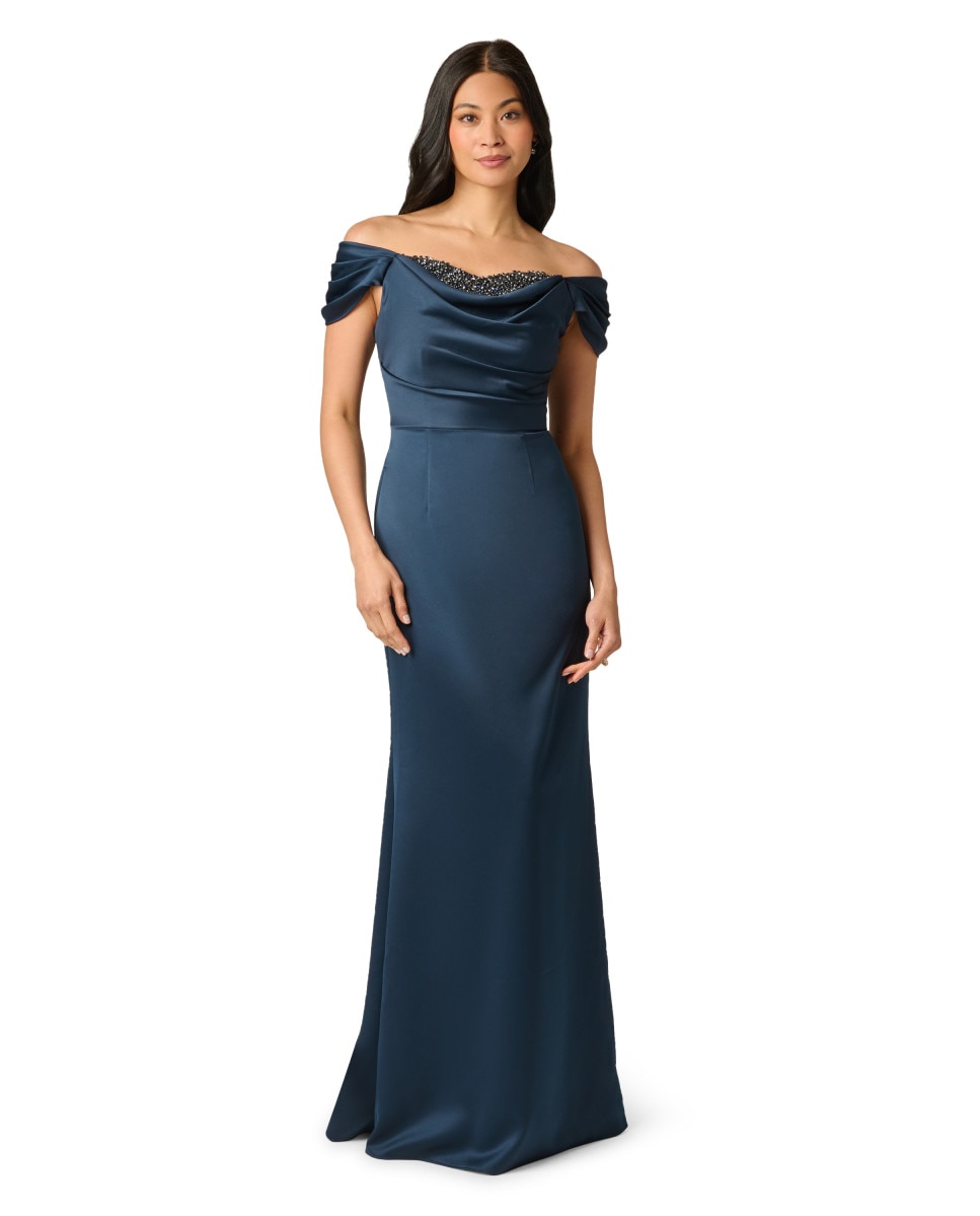 Vestido largo con escote bardot, pedrería y drapeado - Adrianna Papell - Azul Azul-1