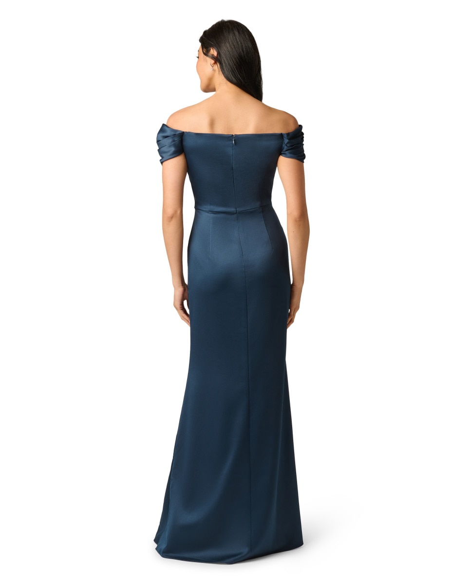 Vestido largo con escote bardot, pedrería y drapeado - Adrianna Papell - Azul Azul-2