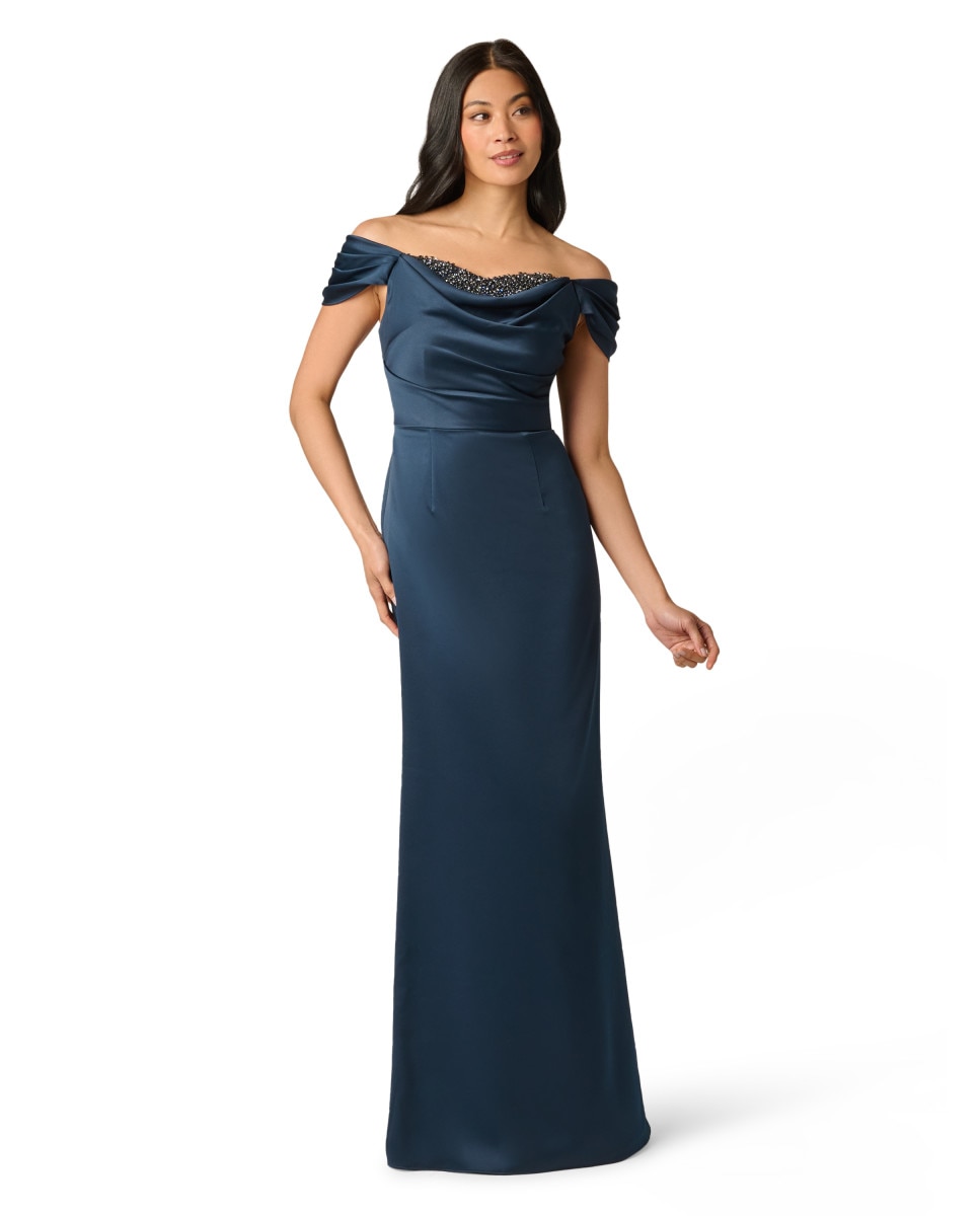 Vestido largo con escote bardot, pedrería y drapeado - Adrianna Papell - Azul Azul-3
