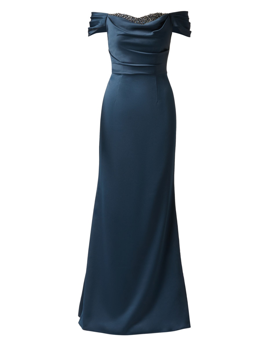 Vestido largo con escote bardot, pedrería y drapeado - Adrianna Papell - Azul Azul-5
